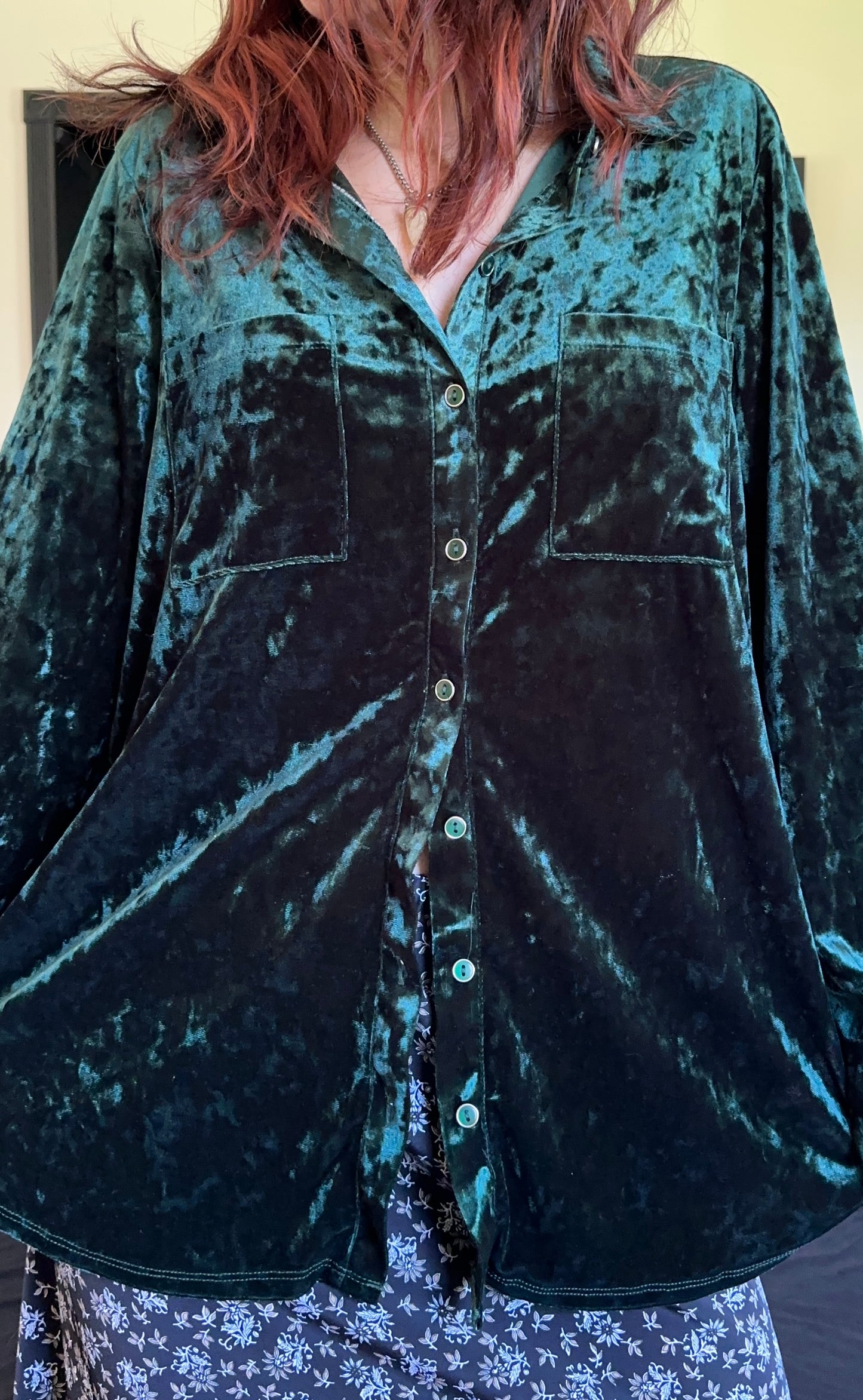 Emerald Velvet Button Down Shirt