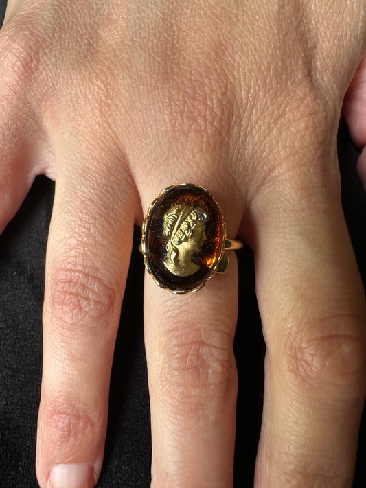 Amber & Gold Cameo Ring SZ 3-11