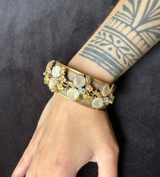 Vintage 1930's - 1960's Faux Pearl Brass Bracelet