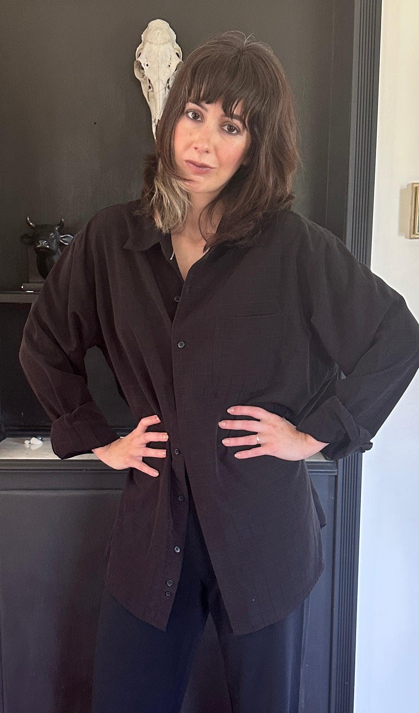 Vintage 80s Black Button Down Dress Shirt L