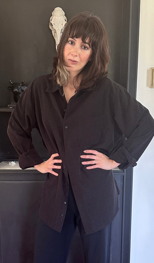 Vintage 80s Black Button Down Dress Shirt L