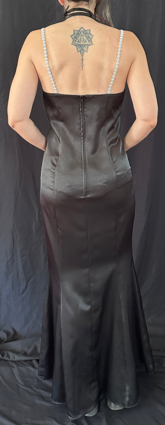 Vintage 90s Black Satin Spaghetti Strap Evening Dress S/M