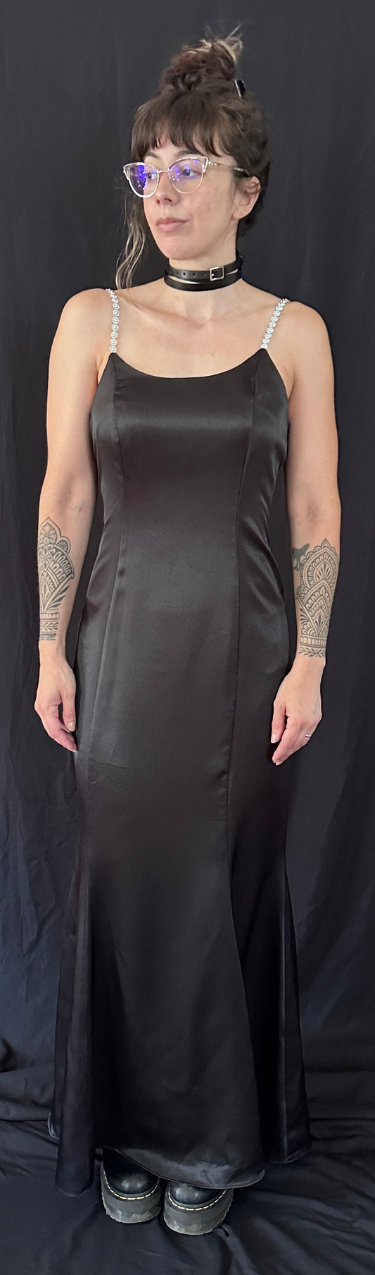 Vintage 90s Black Satin Spaghetti Strap Evening Dress S/M