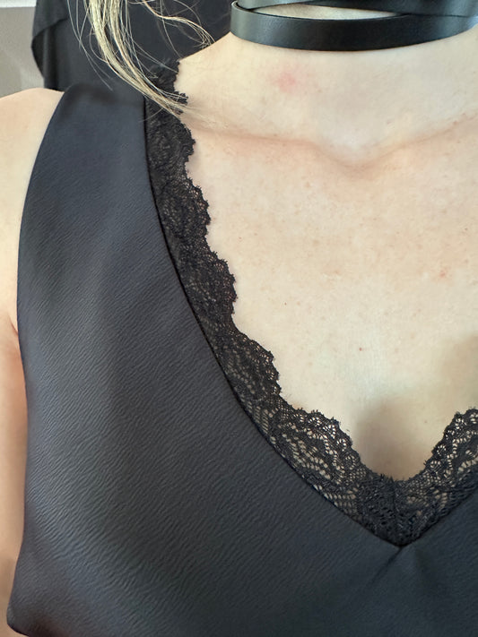 90s Grunge Black Satin & Lace Nicole Miller Slip Dress L/XL