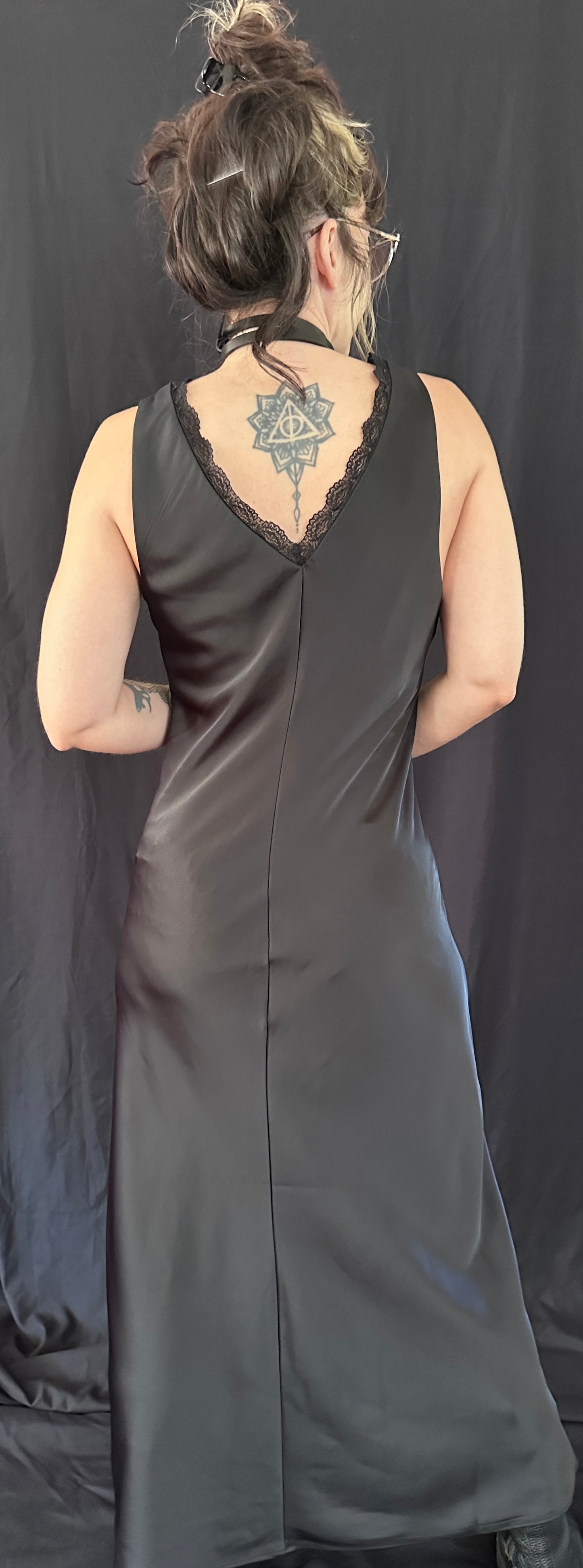 90s Grunge Black Satin & Lace Nicole Miller Slip Dress L/XL