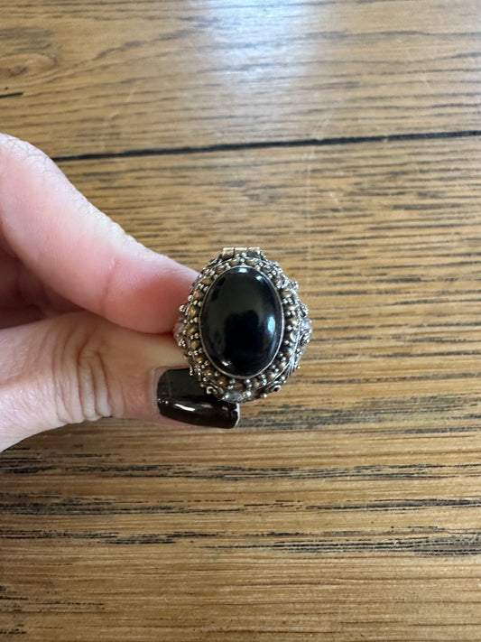 Vintage Sterling Silver Onyx Snuff Poison Ring