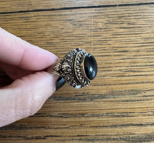 Vintage Sterling Silver Onyx Snuff Poison Ring