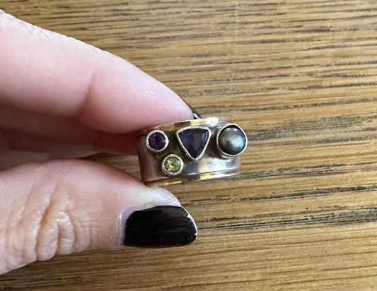 Vintage Silver Pearl & Gem Modernist Band Ring SZ 7