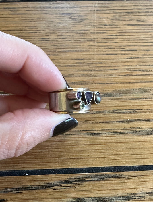Vintage Silver Pearl & Gem Modernist Band Ring SZ 7