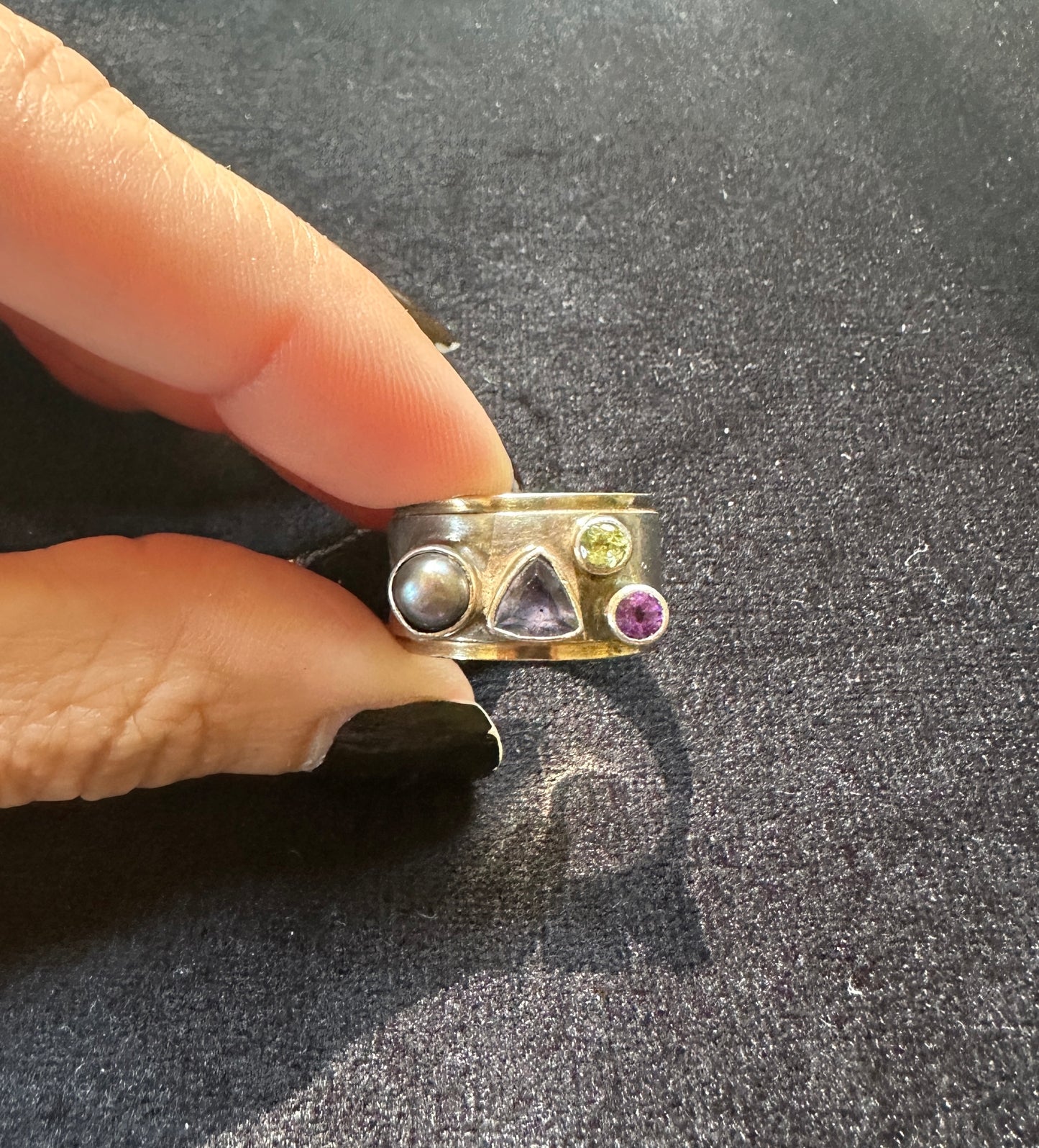 Vintage Silver Pearl & Gem Modernist Band Ring SZ 7