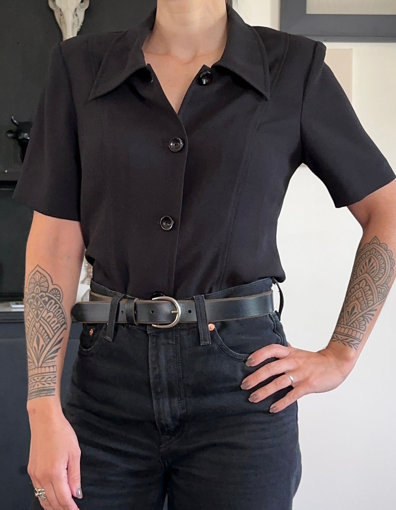 Vintage Black 40s Style Button Down Blouse S/M