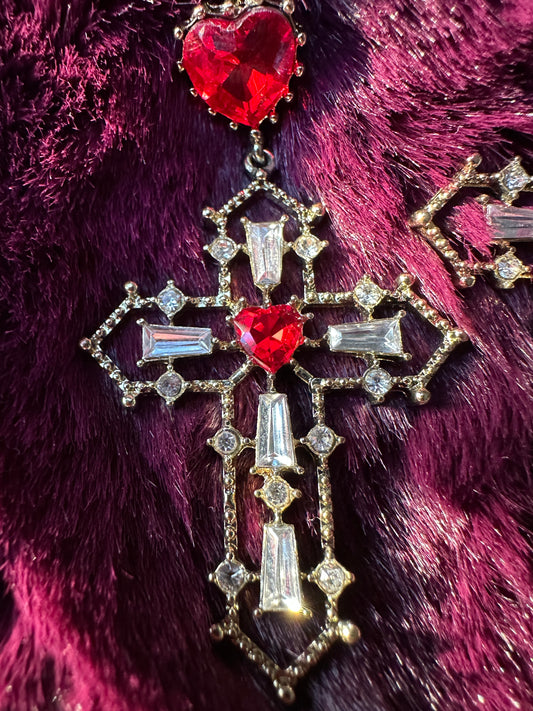 Gothic Crystal Heart & Cross Earrings