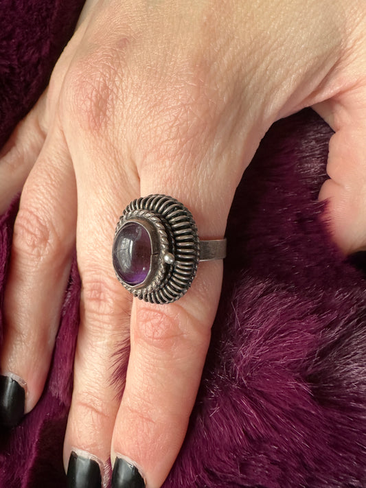 Silver & Amethyst Poison/Snuff Ring - Adjustable