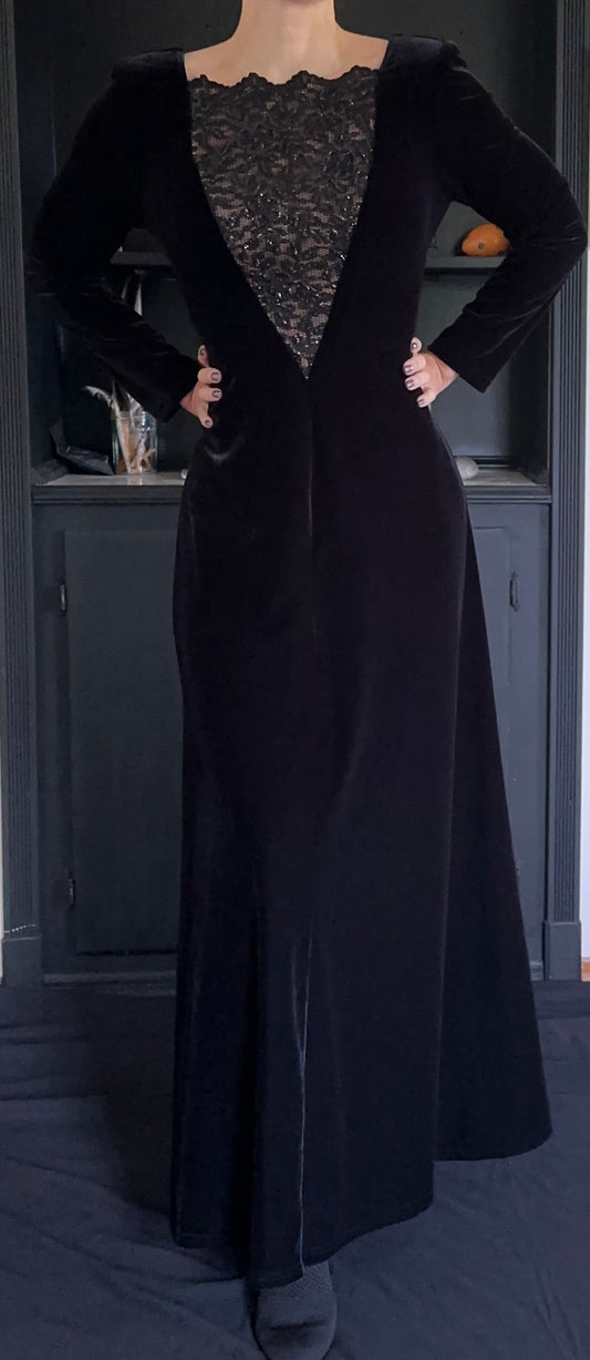Early 90s Vintage Black Velvet & Lace Dress SZ 8P