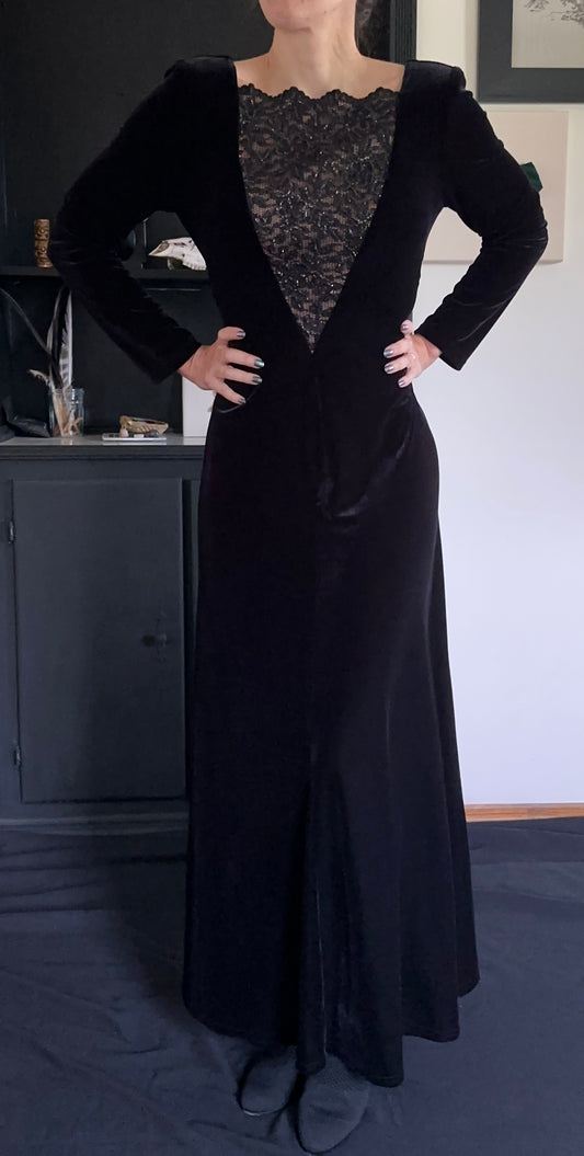 Early 90s Vintage Black Velvet & Lace Dress SZ 8P