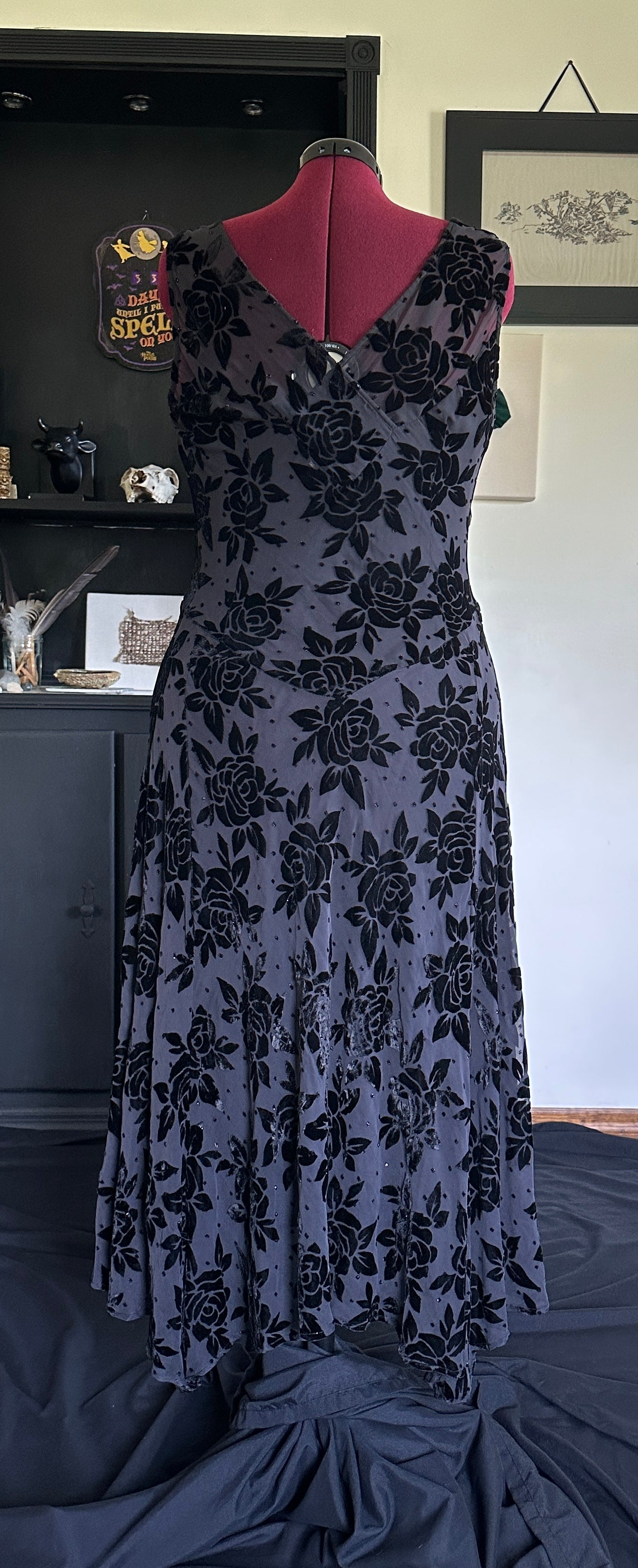 90s Vintage Burnout Velvet Whimsigoth Dress