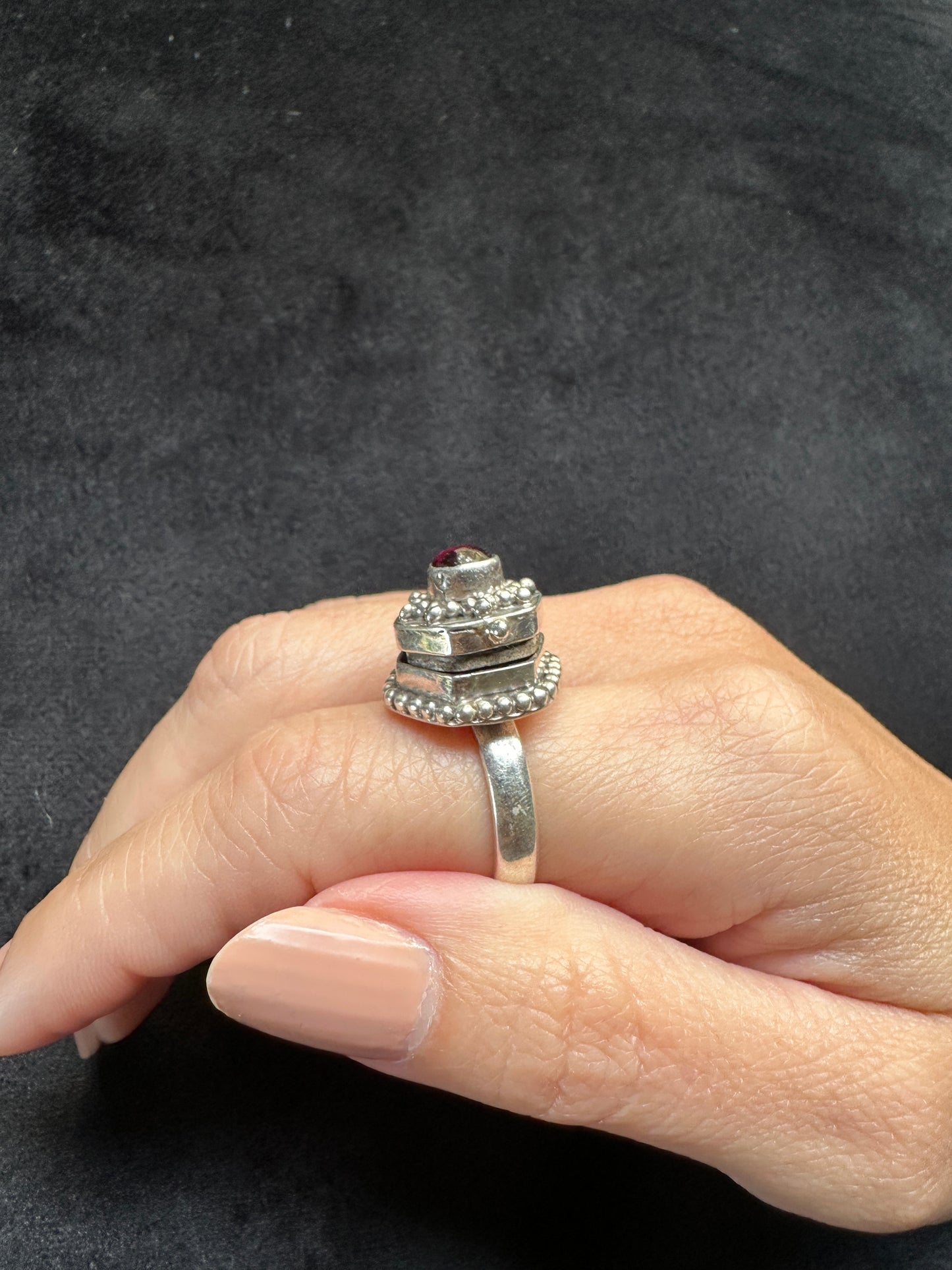 Sterling Silver Garnet Poison/Snuff Ring 8.5