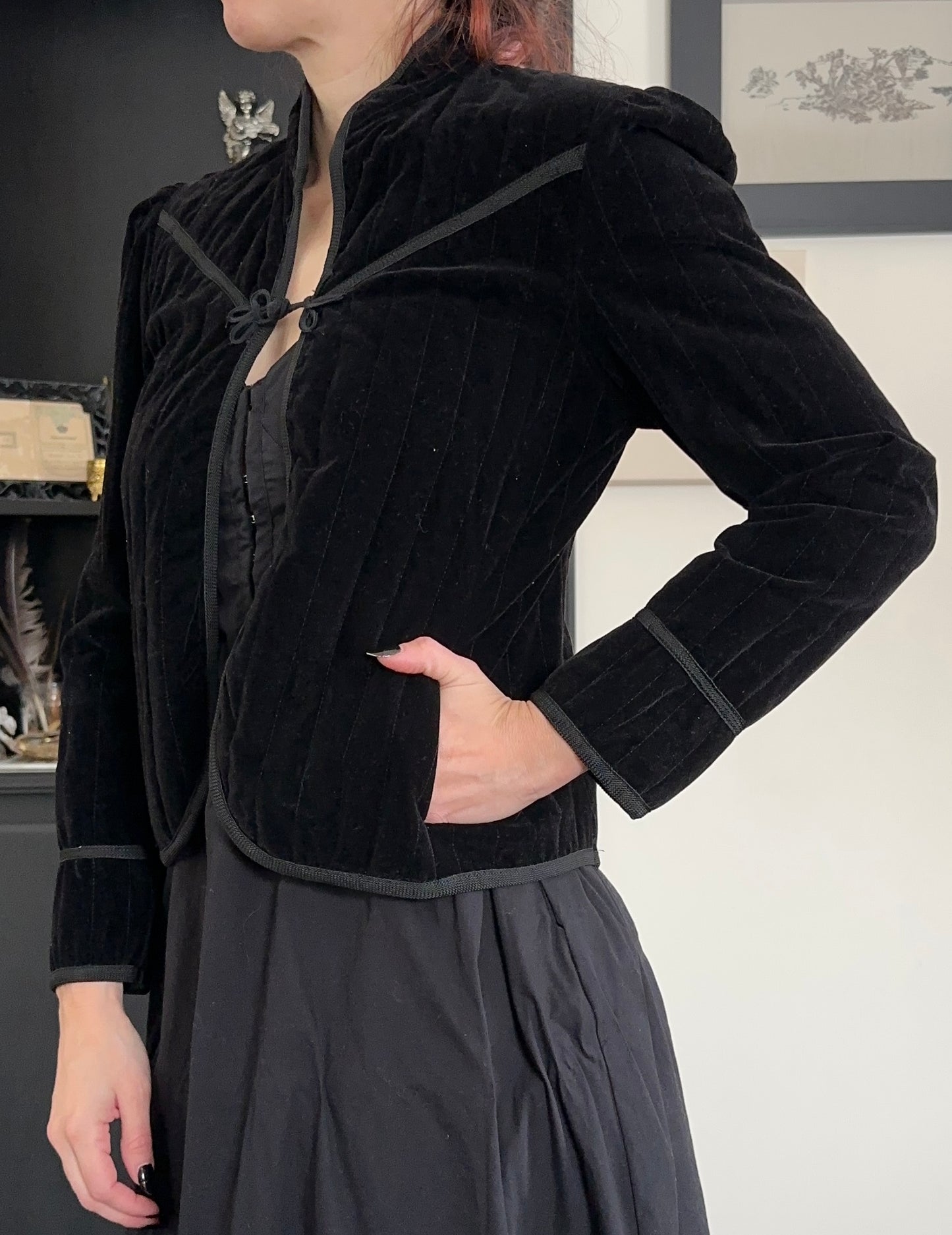 70s Quilted Black Velvet Prairie Jacket XS