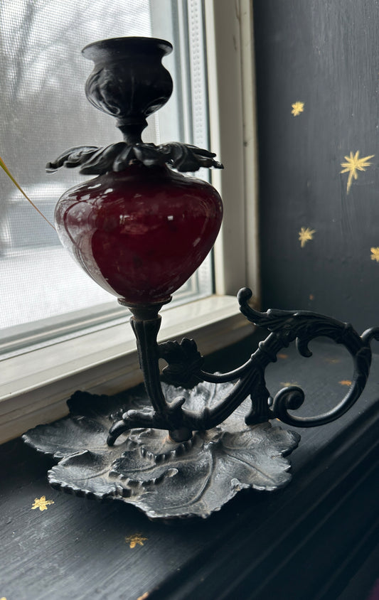 Victorian Gothic Cast Iron & Glass Candlestick