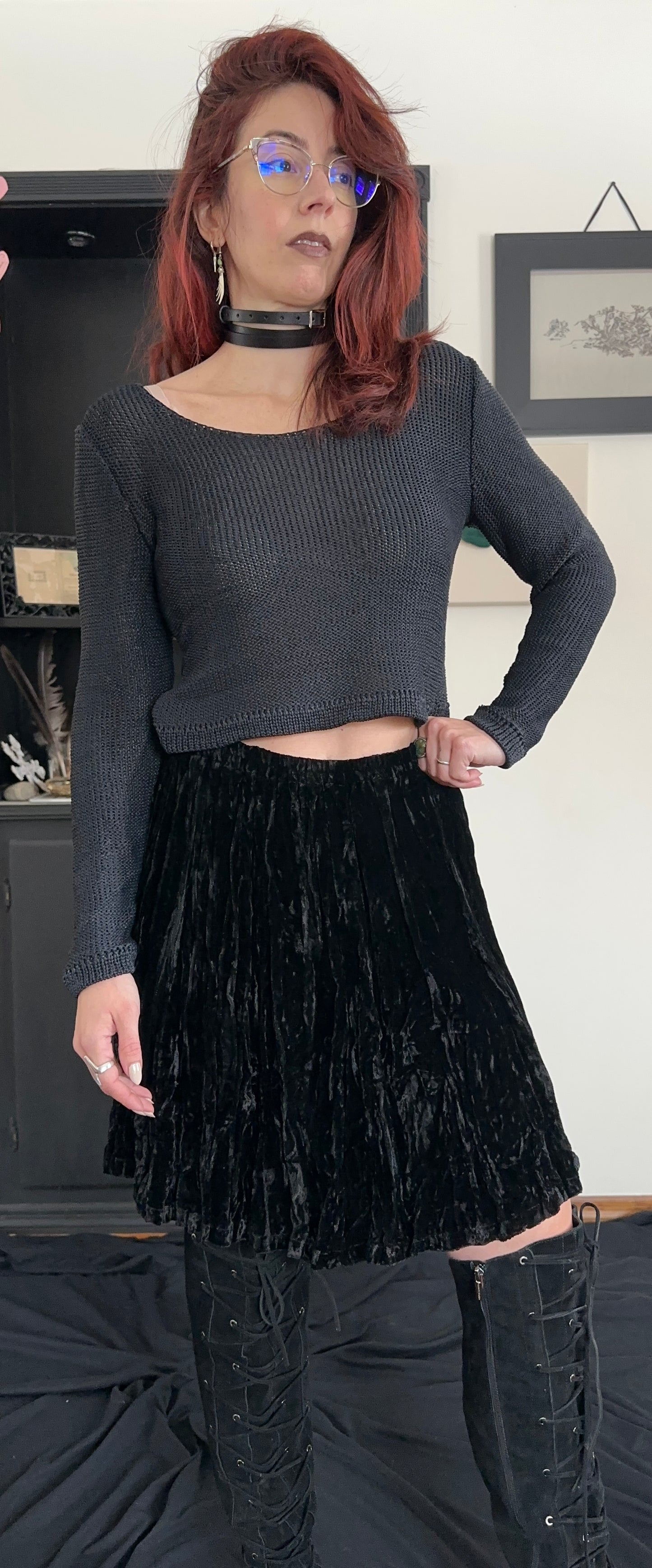 Vintage 90s Velvet Pleated Skirt L-XL