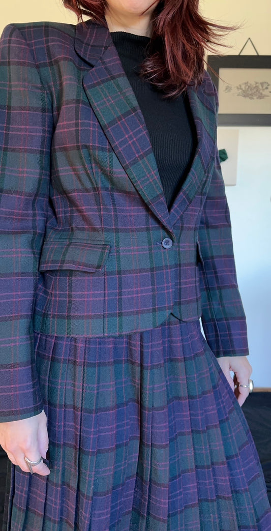 Dark Academia Plaid Wool Skirt Suit XXS-XS