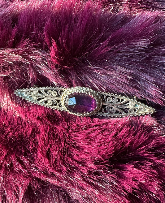 Antique Silver And Amethyst Pin