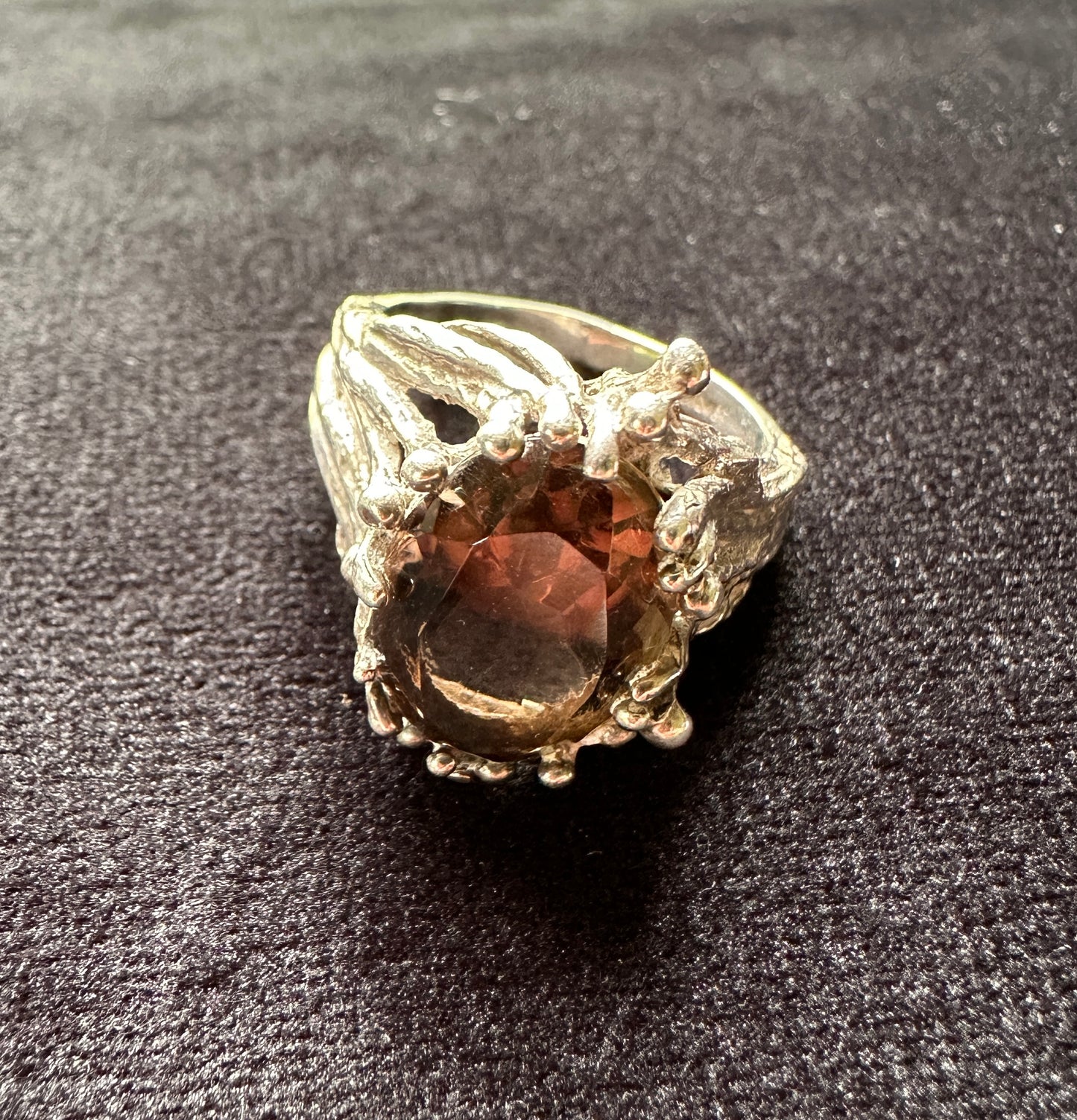 Vintage Silver & Smoky Quartz Brutalist Ring SZ 7