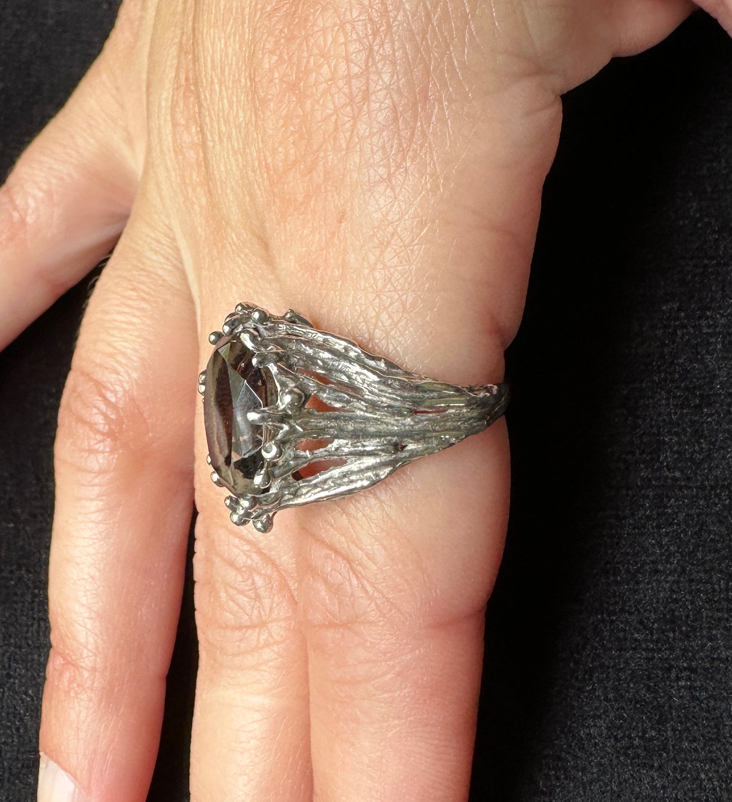 Vintage Silver & Smoky Quartz Brutalist Ring SZ 7