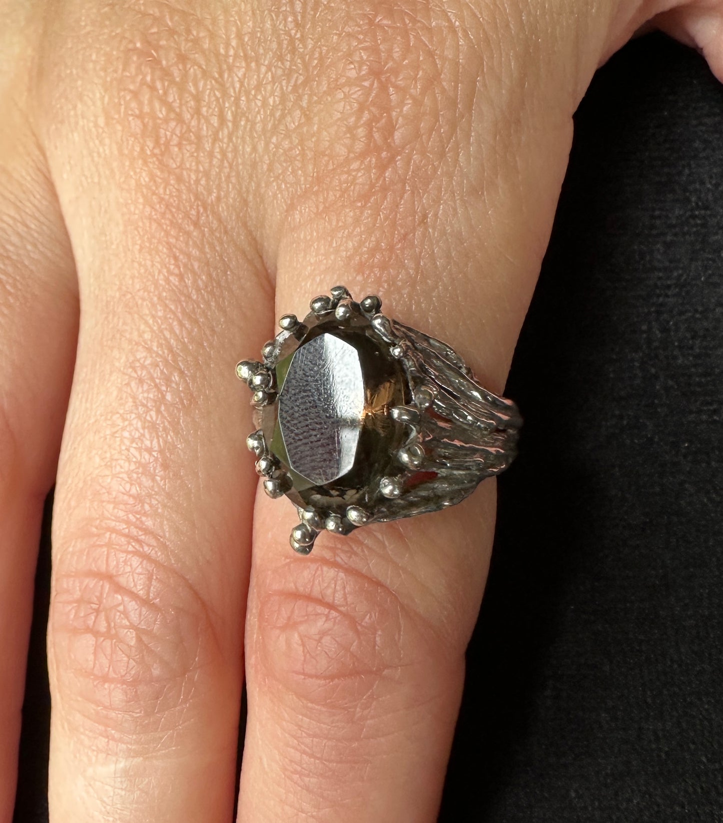 Vintage Silver & Smoky Quartz Brutalist Ring SZ 7
