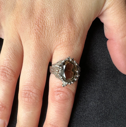 Vintage Silver & Smoky Quartz Brutalist Ring SZ 7