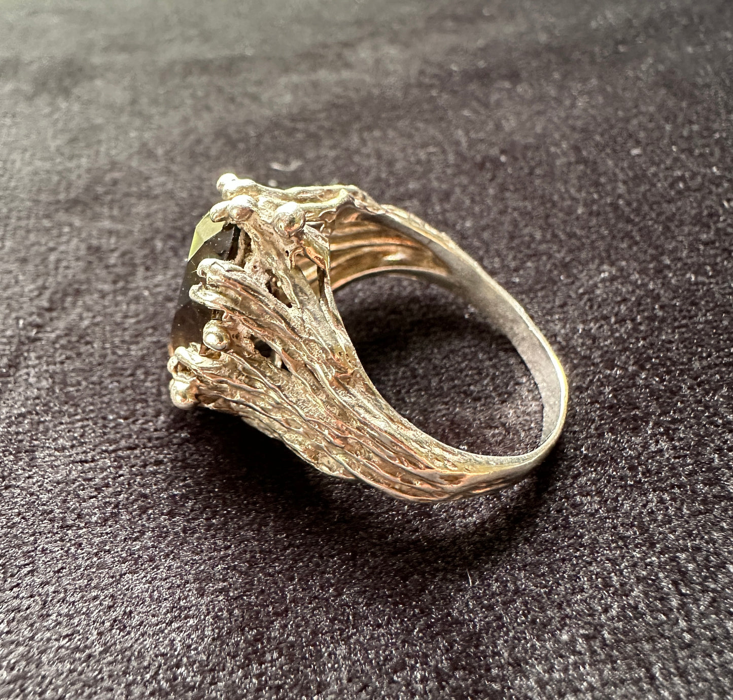 Vintage Silver & Smoky Quartz Brutalist Ring SZ 7