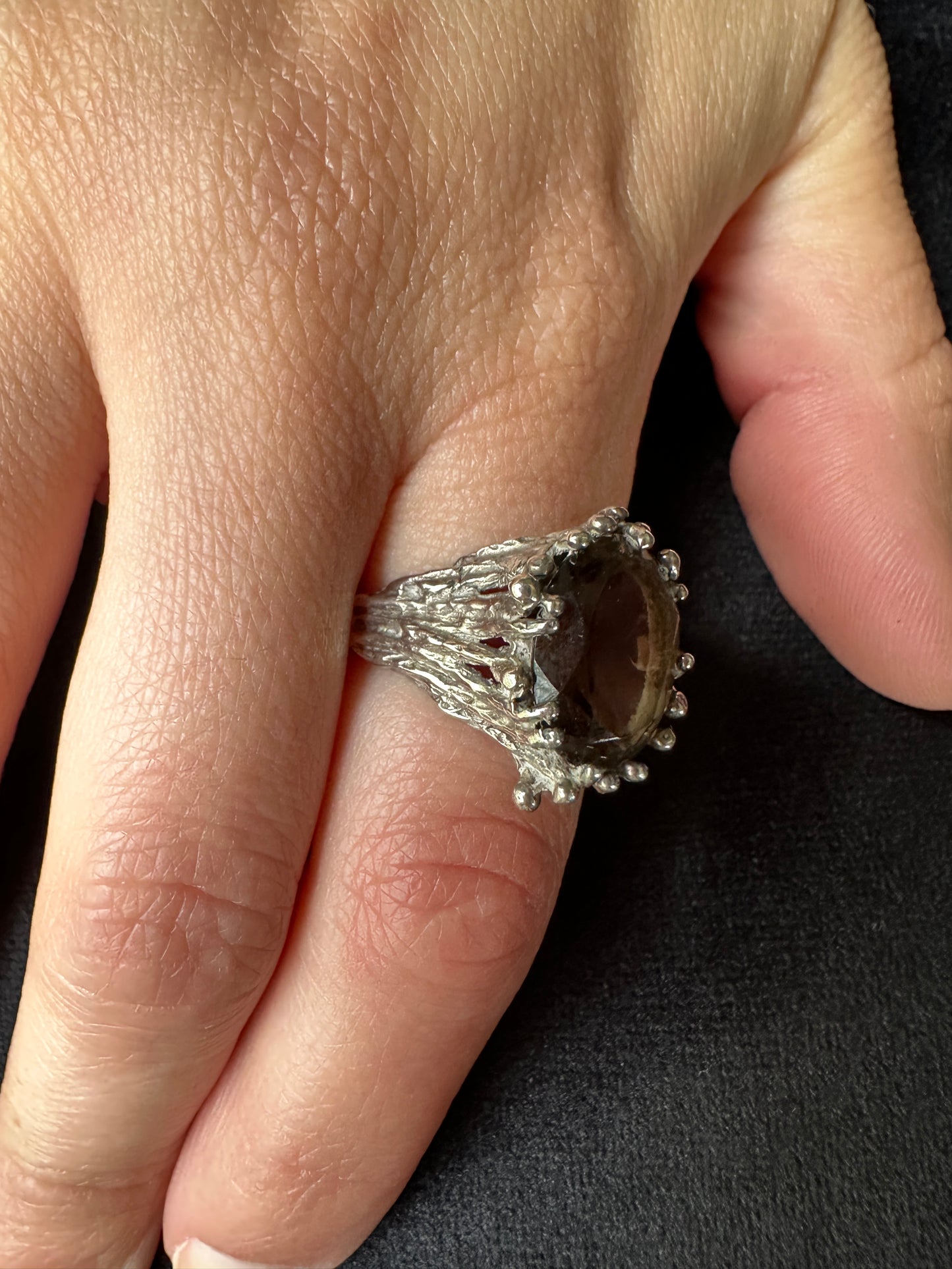 Vintage Silver & Smoky Quartz Brutalist Ring SZ 7