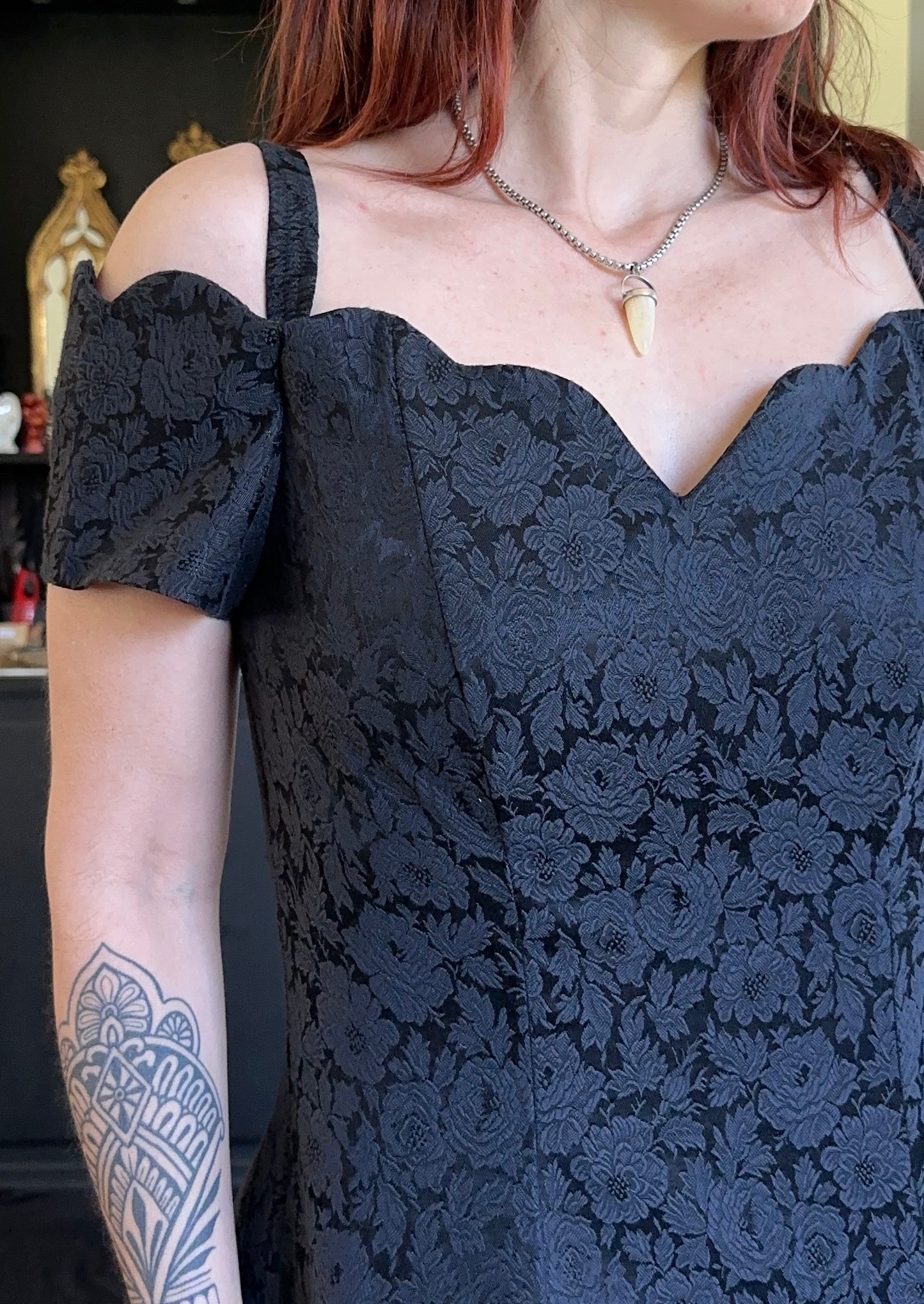90s Brocade Off-The-Shoulder Dress
