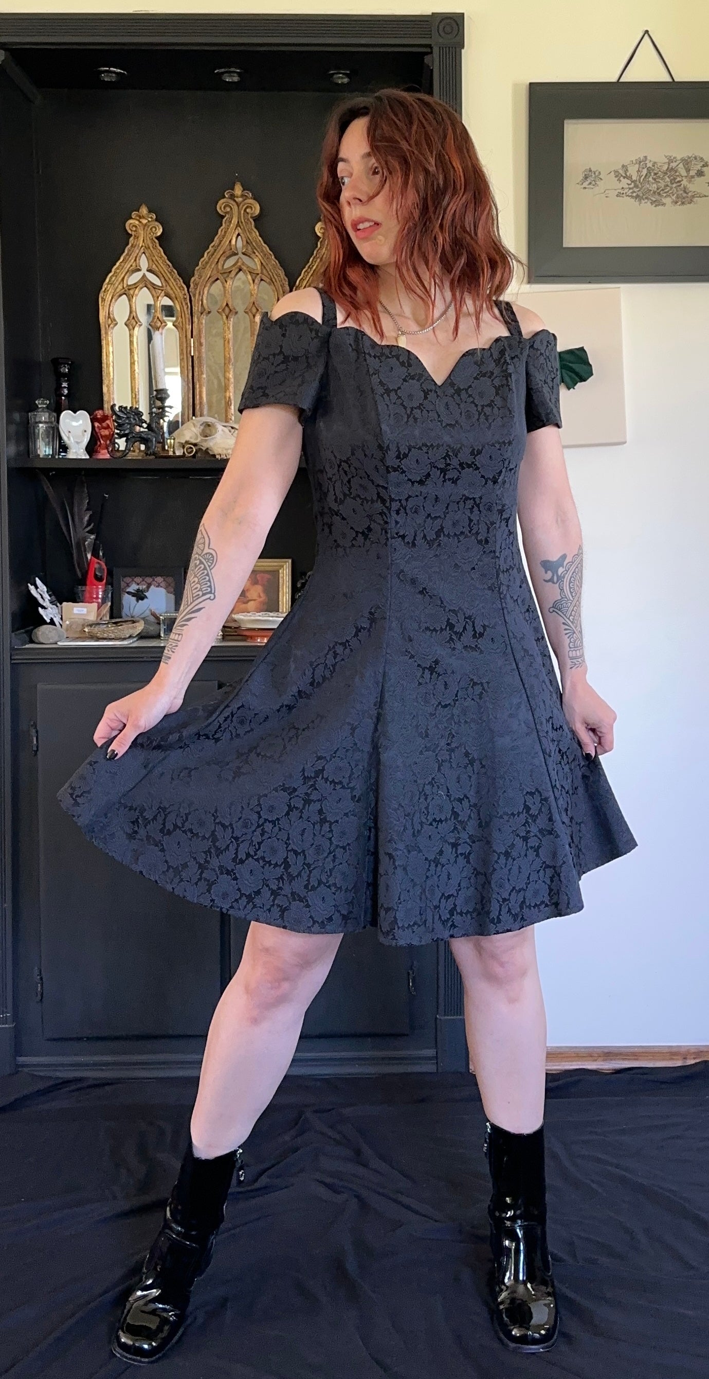 90s Brocade Off-The-Shoulder Dress