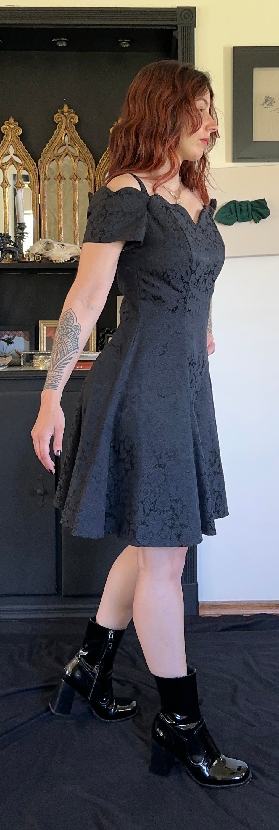 90s Brocade Off-The-Shoulder Dress