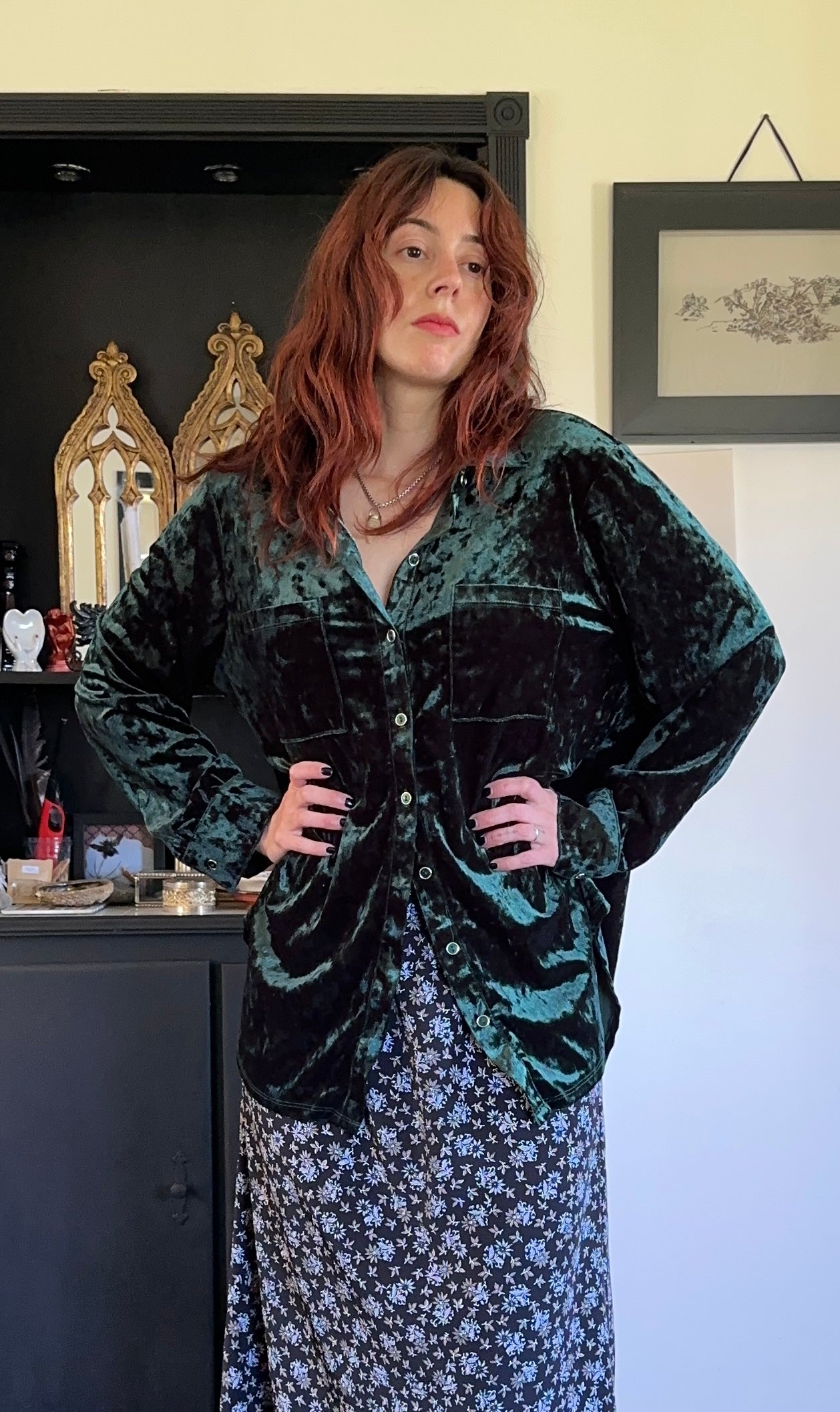 Emerald Velvet Button Down Shirt