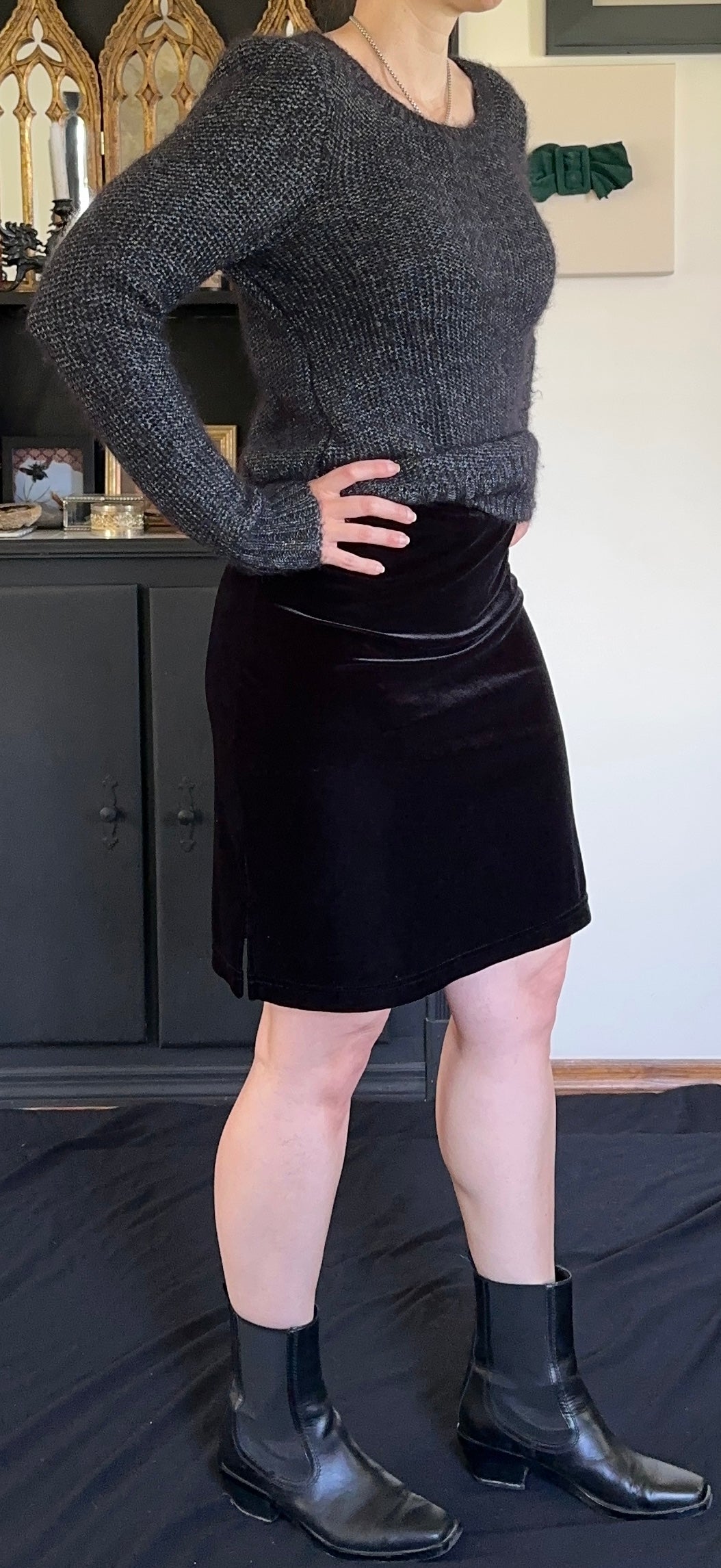 Stretch Velvet Knee Length Skirt