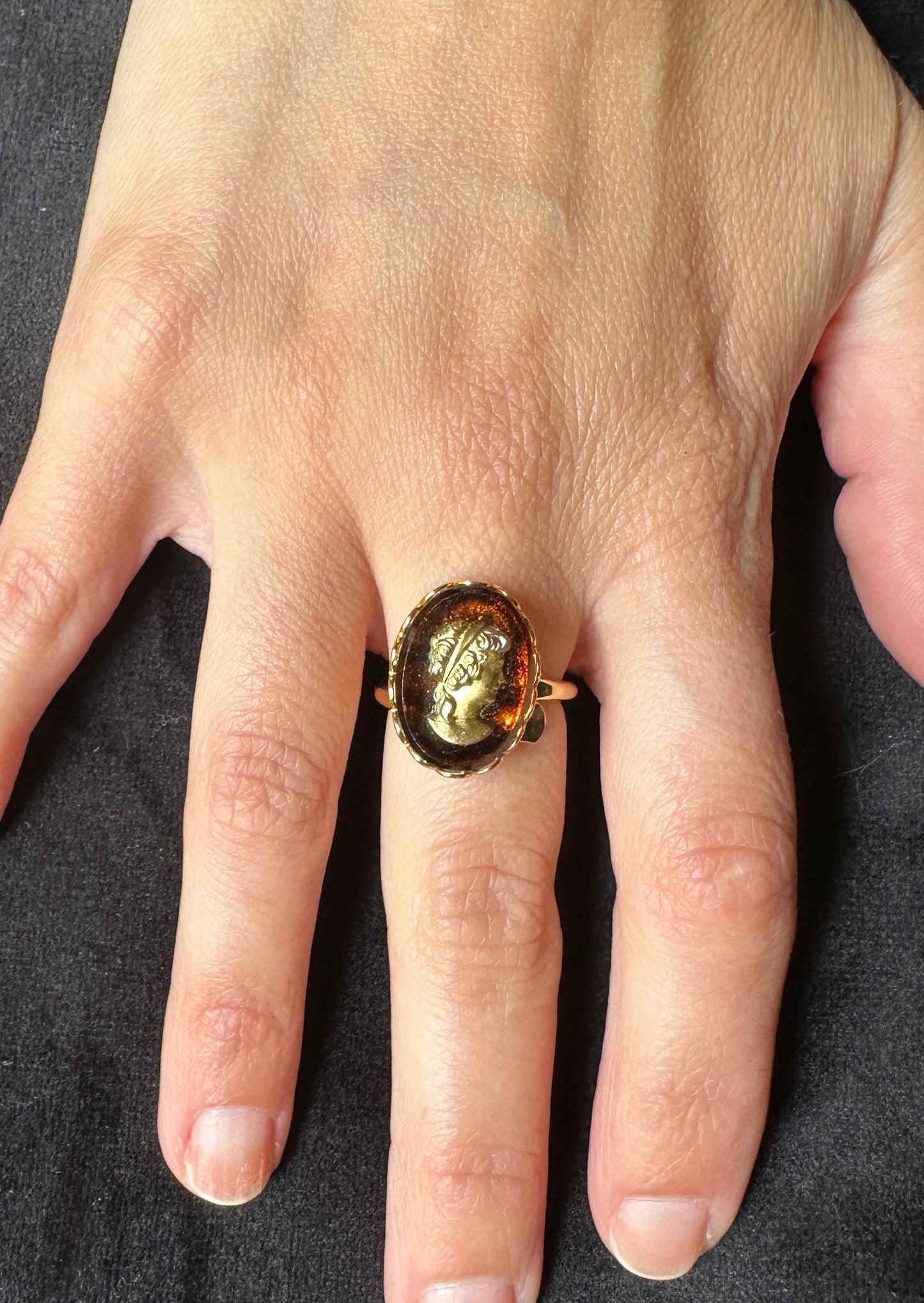 Amber & Gold Cameo Ring SZ 3-11