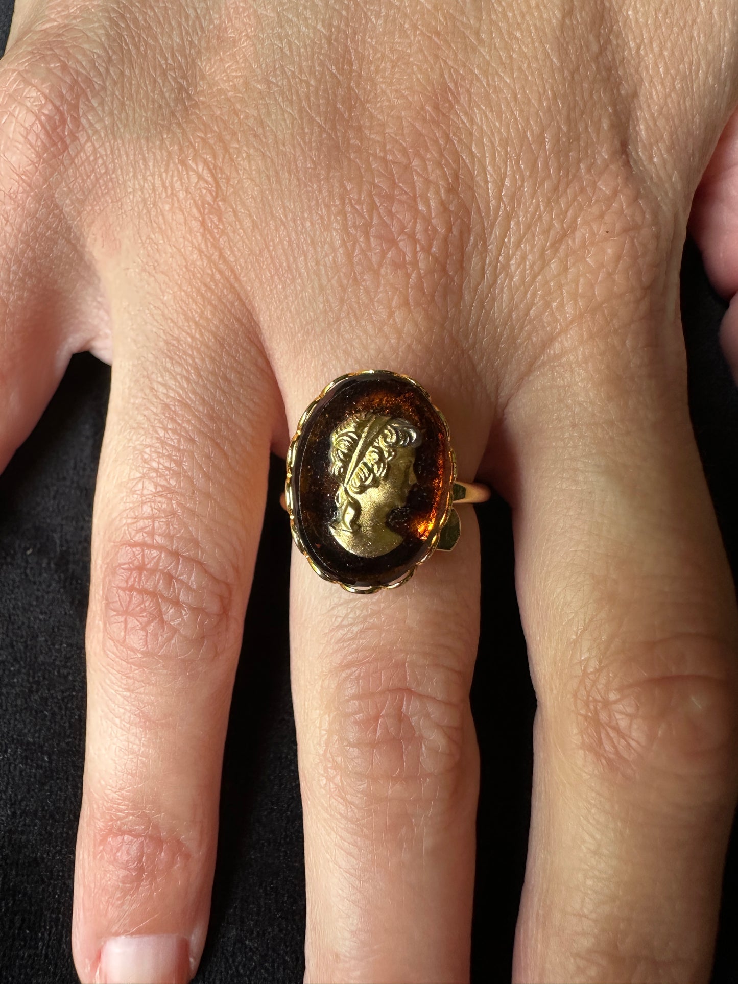 Amber & Gold Cameo Ring SZ 3-11