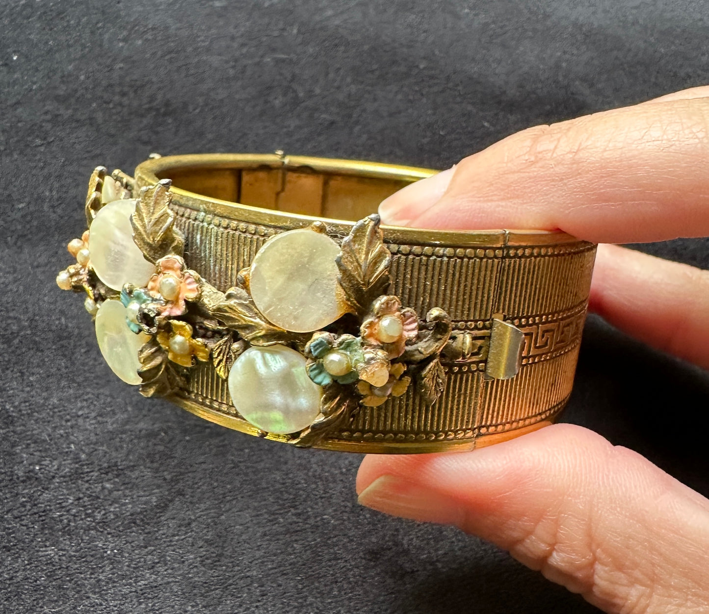 Vintage 1930's - 1960's Faux Pearl Brass Bracelet