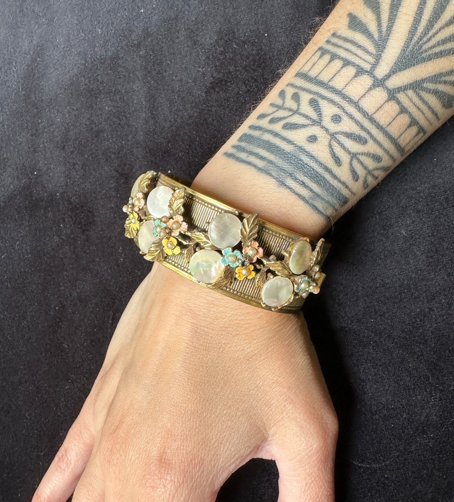 Vintage 1930's - 1960's Faux Pearl Brass Bracelet