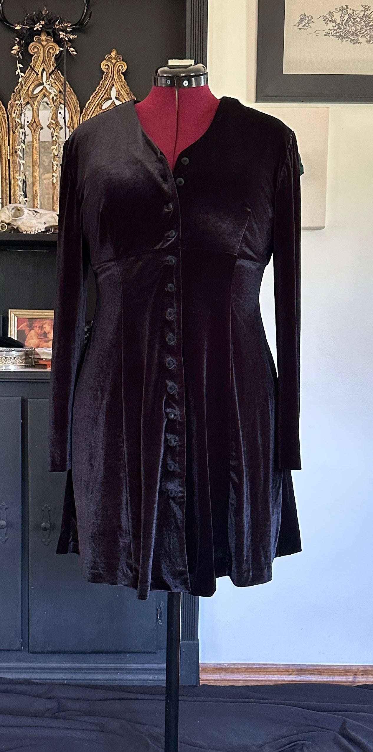 90s Velvet Soft Goth Dress L