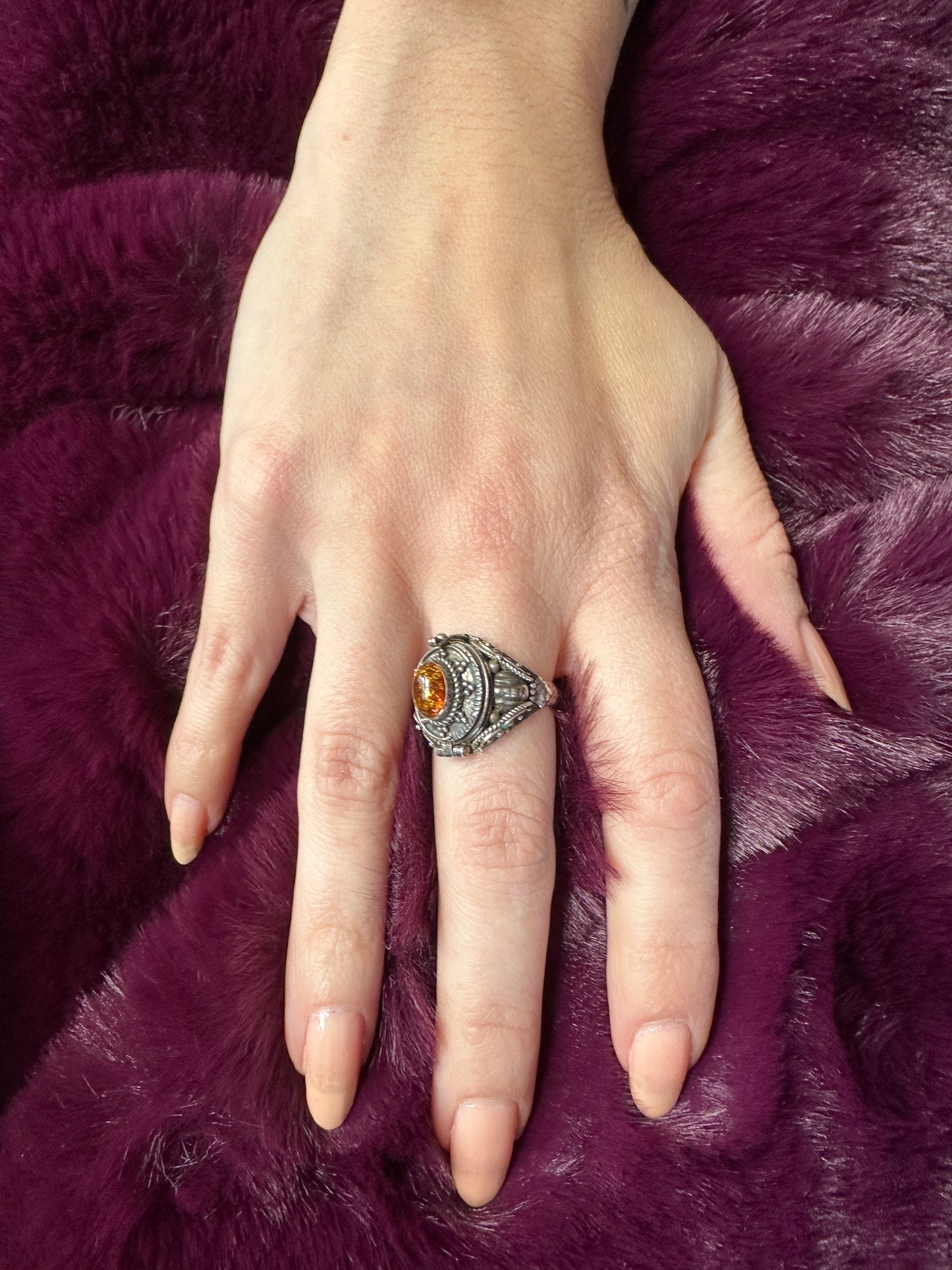 Silver & Amber Poison/Snuff Ring SZ 7
