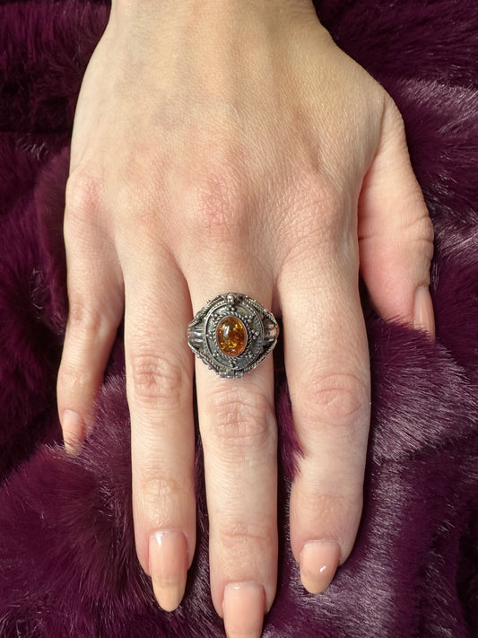 Silver & Amber Poison/Snuff Ring SZ 7
