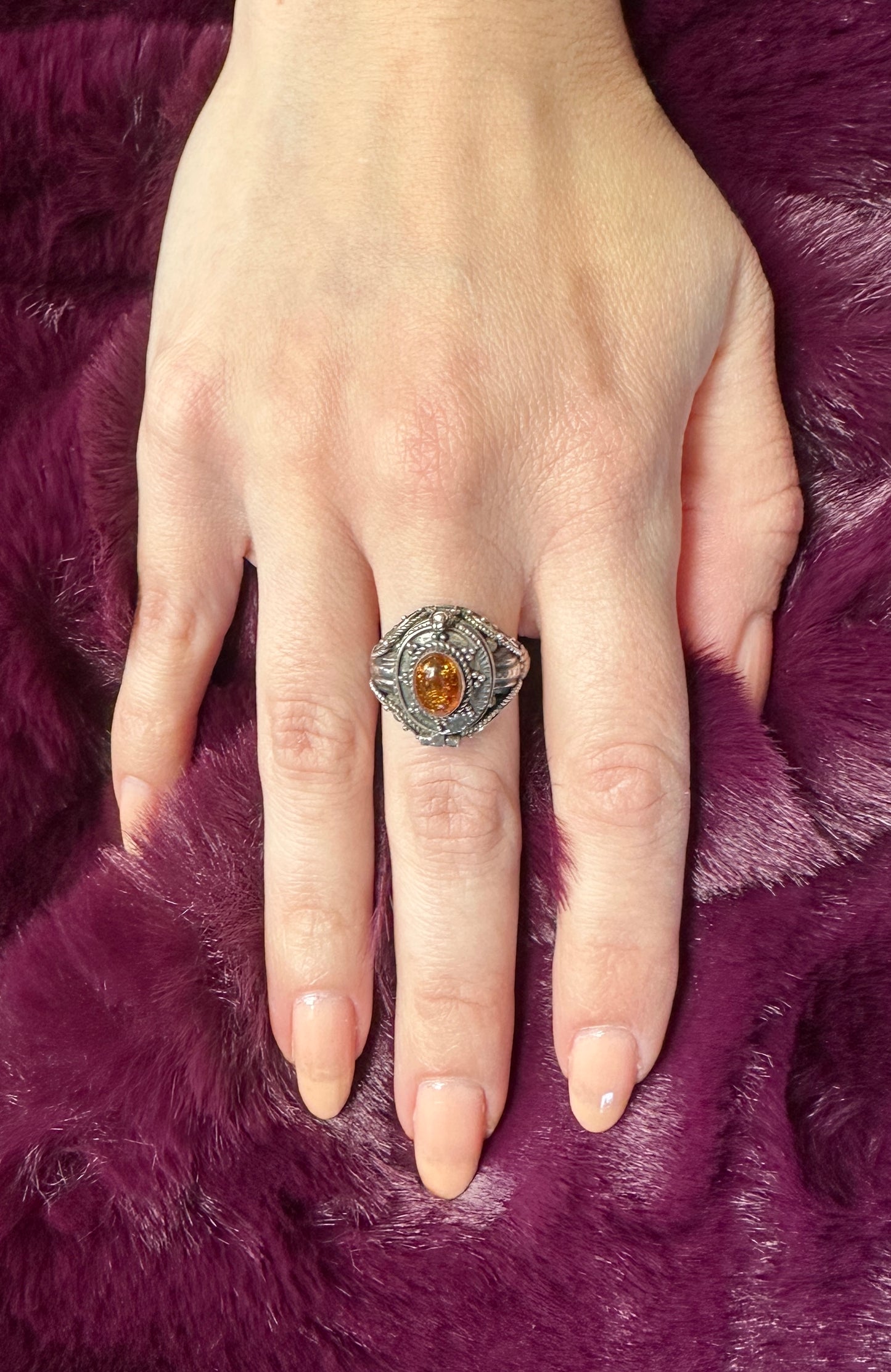 Silver & Amber Poison/Snuff Ring SZ 7