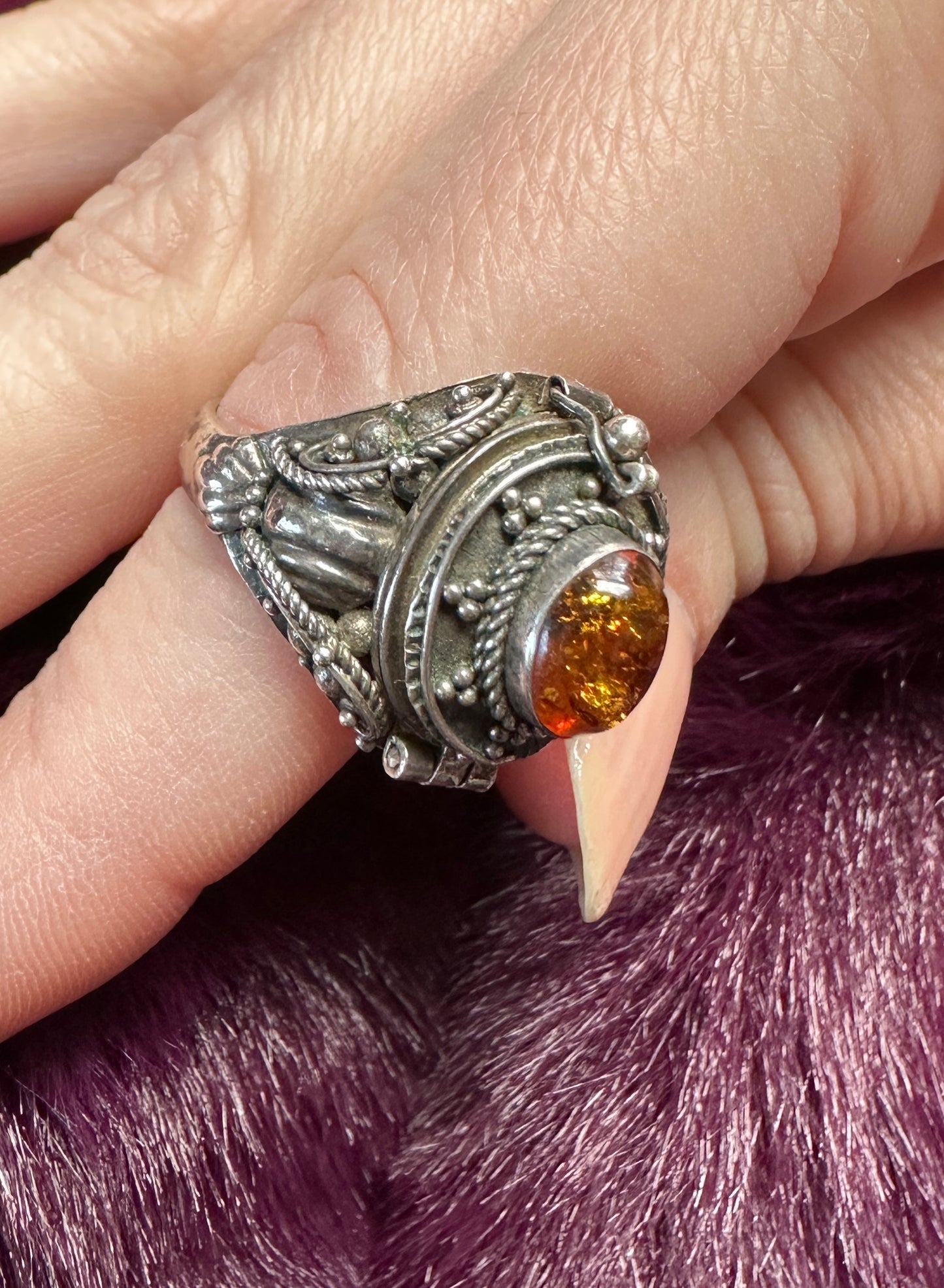 Silver & Amber Poison/Snuff Ring SZ 7