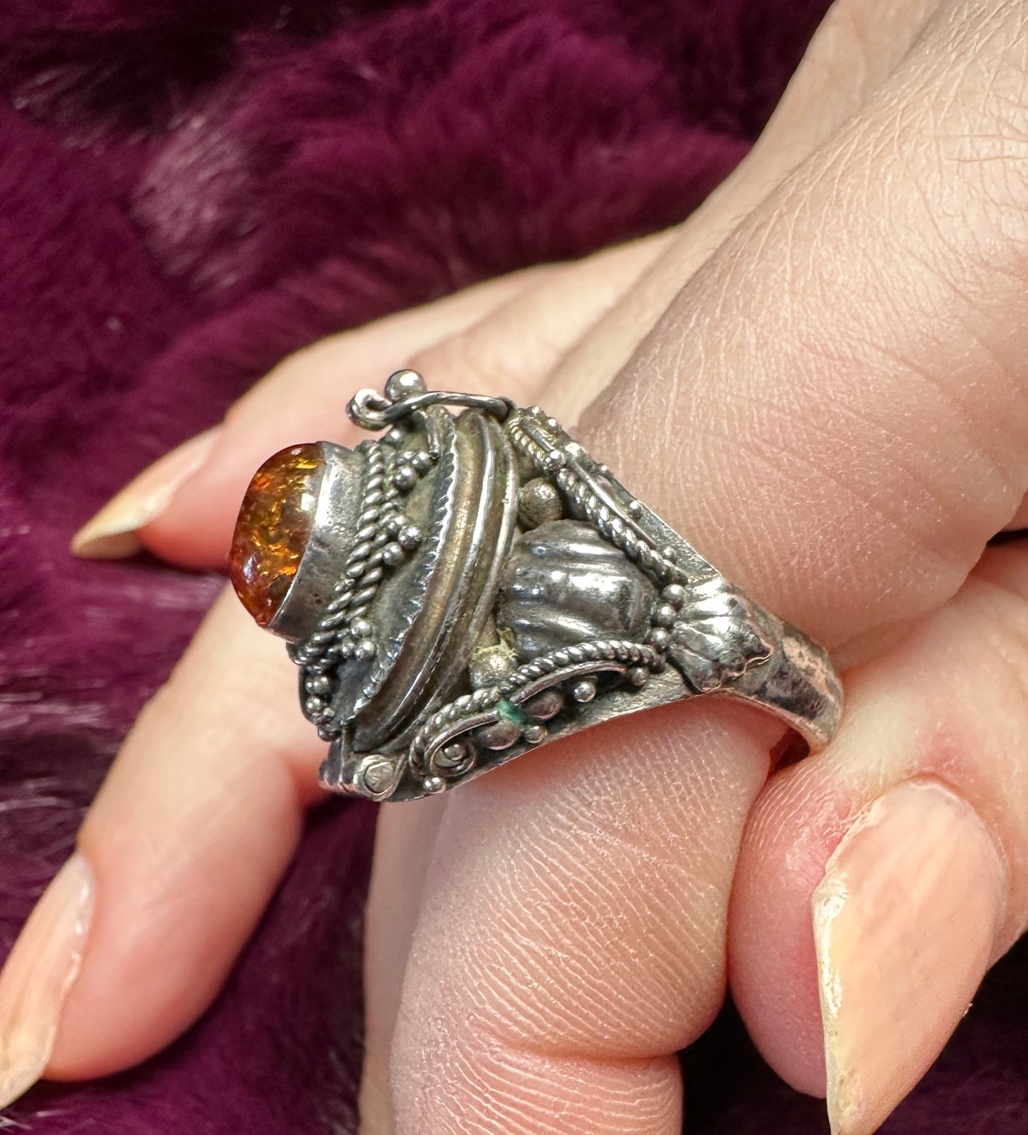 Silver & Amber Poison/Snuff Ring SZ 7
