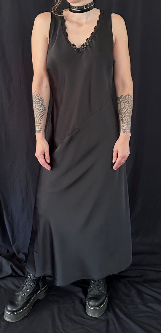 90s Black Satin & Lace Nicole Miller Slip Dress