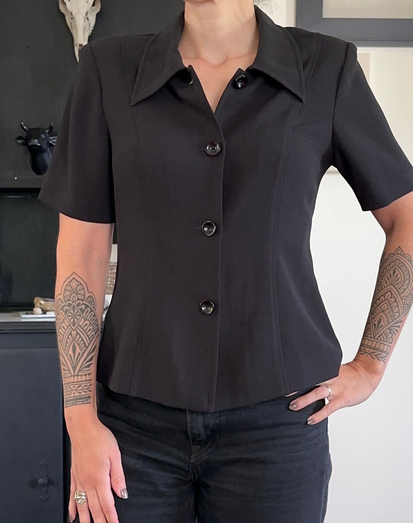 Vintage Black 40s Style Button Down Blouse S/M