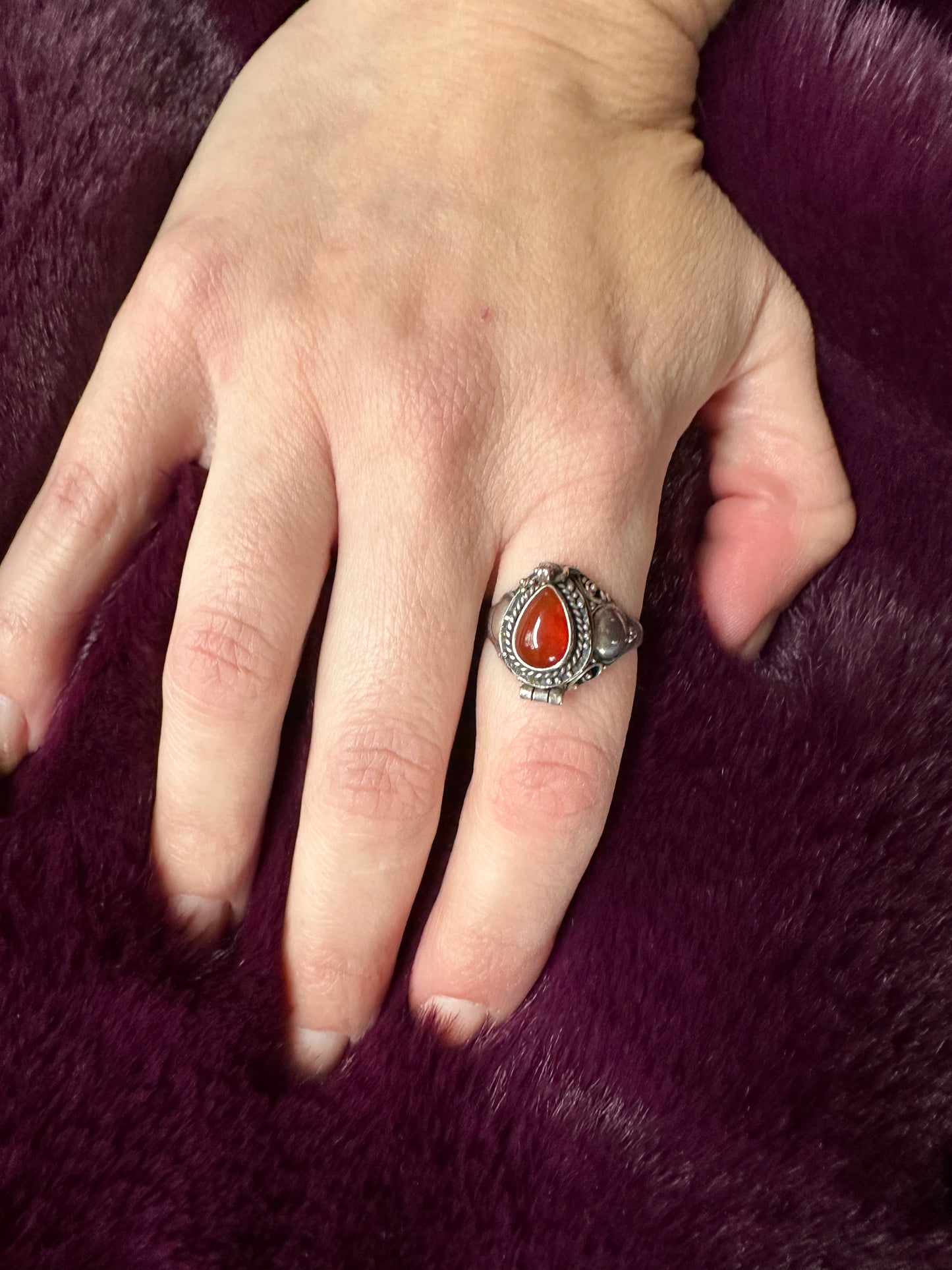 Silver & Carnelian Poison/Snuff Ring SZ 6.5 - 6.75